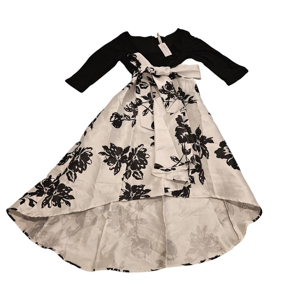 NY Collection Women’s S Black White Floral High Low Dress Bow Waist NWT